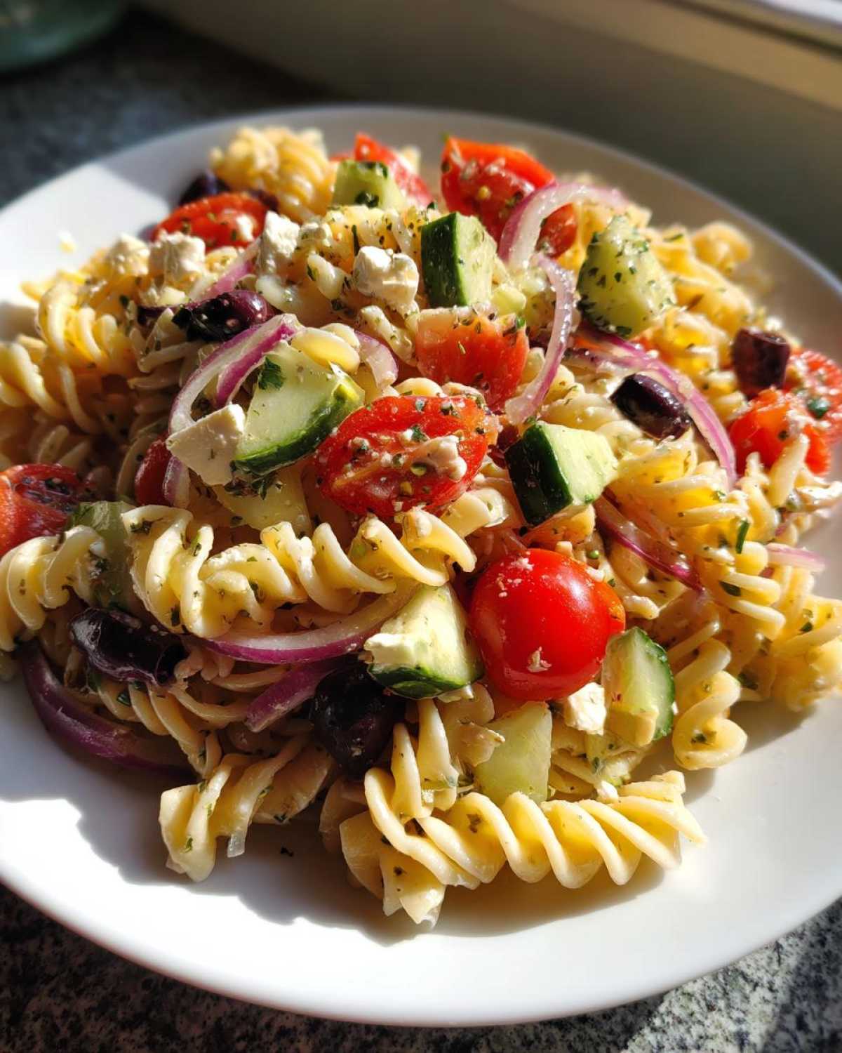 Close-up of a serving of Greek Pasta Salad featuring rotini pasta, cherry tomatoes, cucumbers, red onion, feta, and olives.