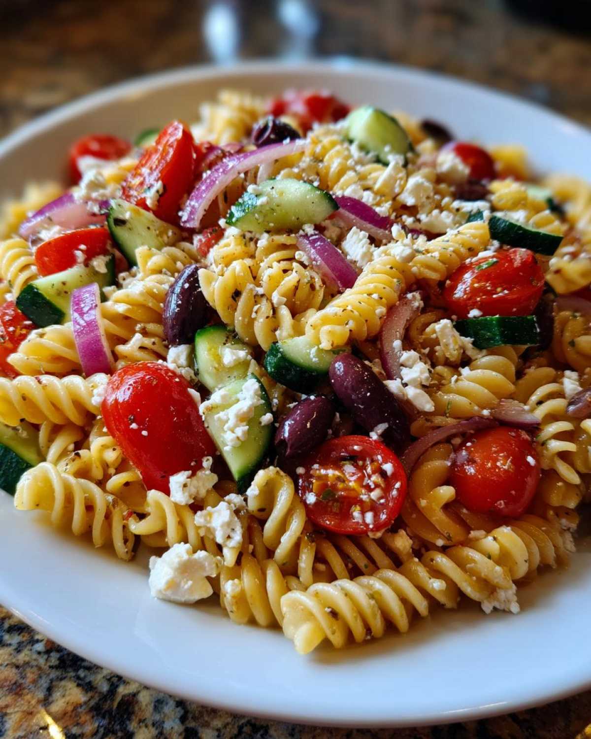 A vibrant close-up of Greek Pasta Salad featuring rotini pasta, cherry tomatoes, cucumbers, red onion, Kalamata olives, and crumbled feta cheese.