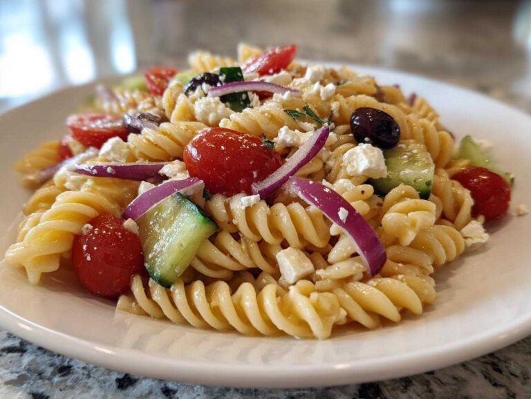 Amazing 410 Calorie Greek Pasta Salad A close-up serving of Greek Pasta Salad featuring rotini pasta, cherry tomatoes, cucumber, red onion, Kalamata olives, and feta cheese.
