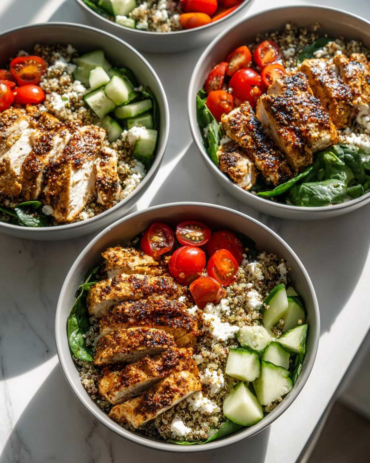 Close-up of three Greek Yogurt Marinated Chicken Bowls featuring sliced seasoned chicken, quinoa, spinach, cucumber, and tomatoes.