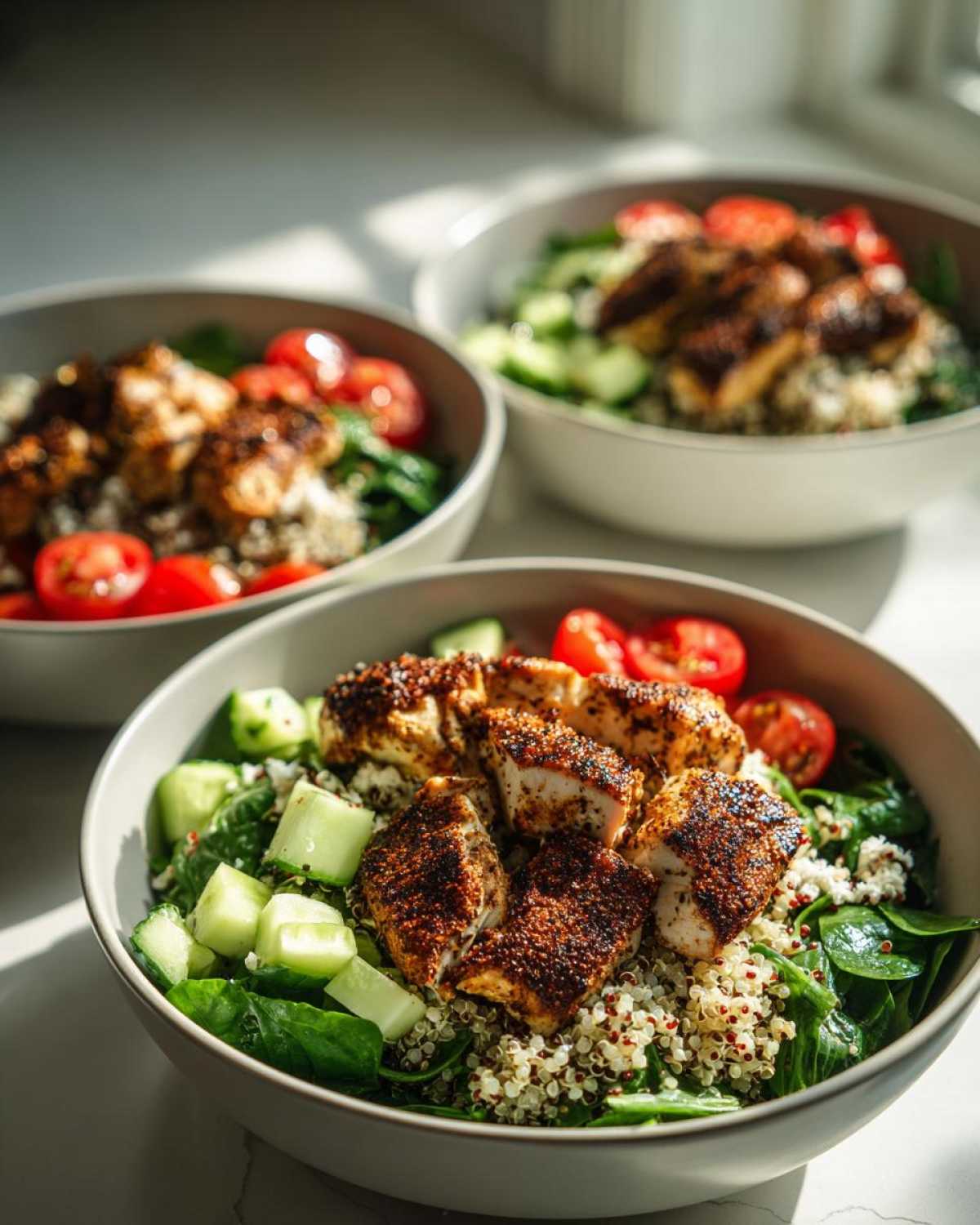 Close-up of a Greek Yogurt Marinated Chicken Bowl featuring seasoned chicken, quinoa, spinach, cucumbers, and tomatoes.