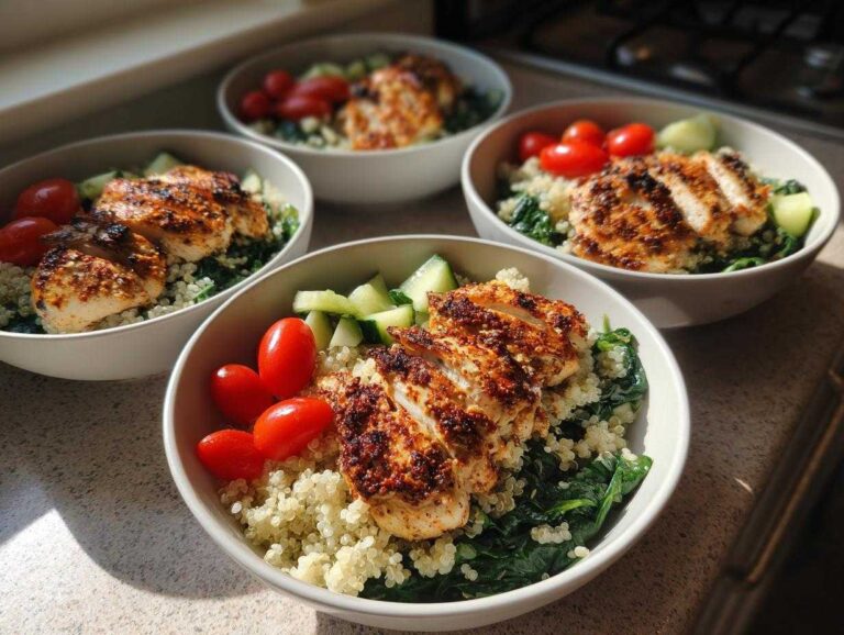 Four bowls featuring Greek Yogurt Marinated Chicken Bowls with quinoa, spinach, tomatoes, and cucumbers.
