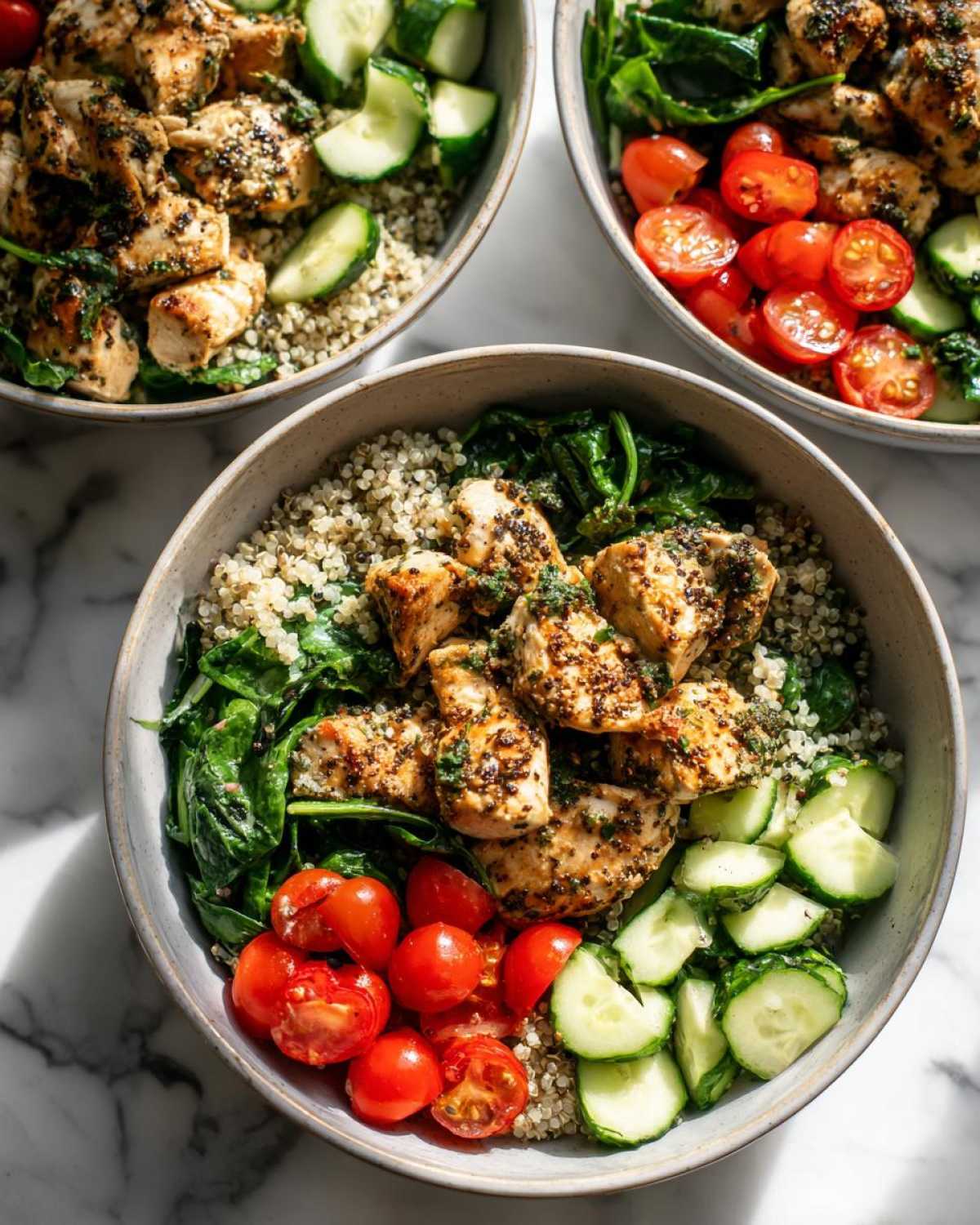 Three bowls featuring Greek Yogurt Marinated Chicken Bowls served over quinoa with spinach, cherry tomatoes, and cucumbers.
