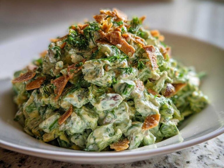 A generous serving of Green Goddess Crunch Salad coated in creamy dressing, topped with crispy bits and fresh dill.