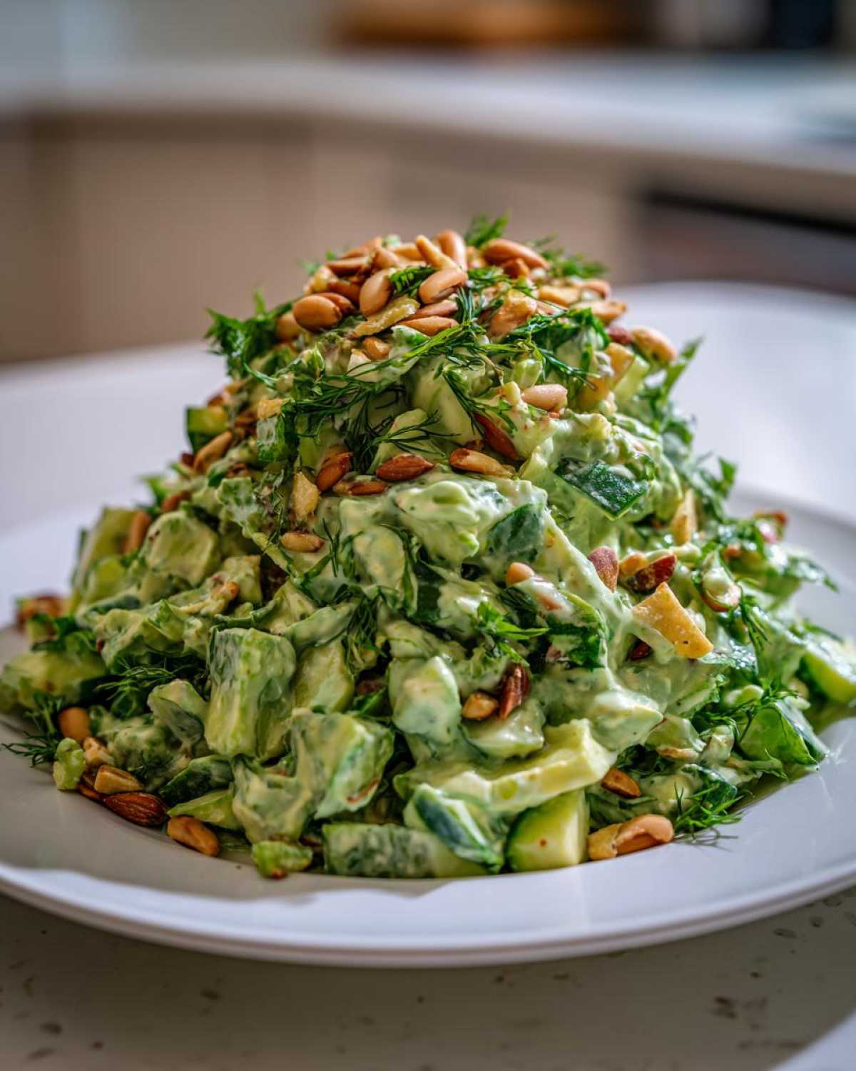 A mound of creamy Green Goddess Crunch Salad featuring chopped greens, avocado, and topped generously with toasted nuts and fresh dill.
