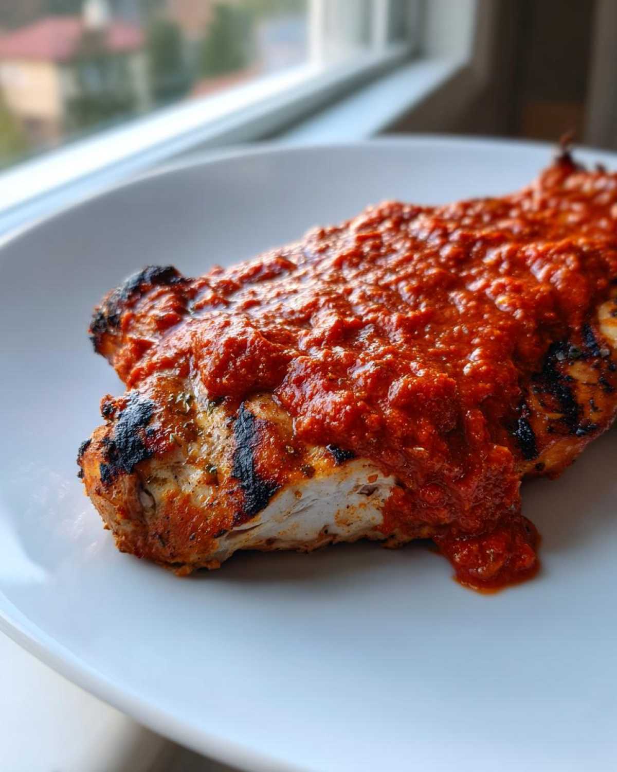 Close-up of grilled chicken breast generously topped with thick, vibrant red Rhubarb BBQ Sauce on a white plate.