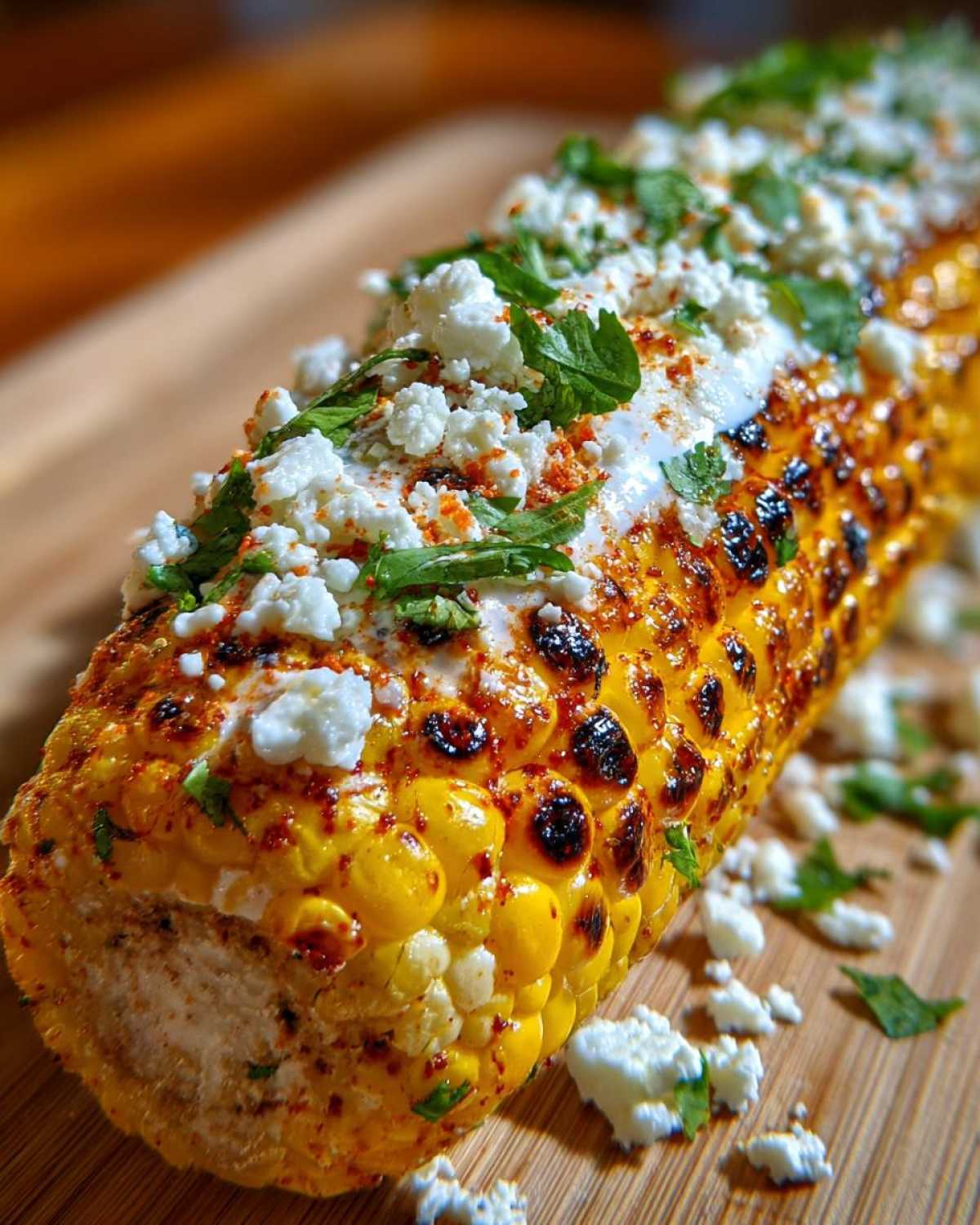 Close-up of a perfectly grilled ear of Mexican Street Corn topped with crema, crumbled Cotija cheese, chili powder, and cilantro.