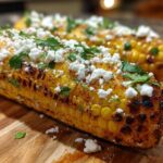 Close-up of grilled Mexican Street Corn coated in cotija cheese crumbles and fresh cilantro.