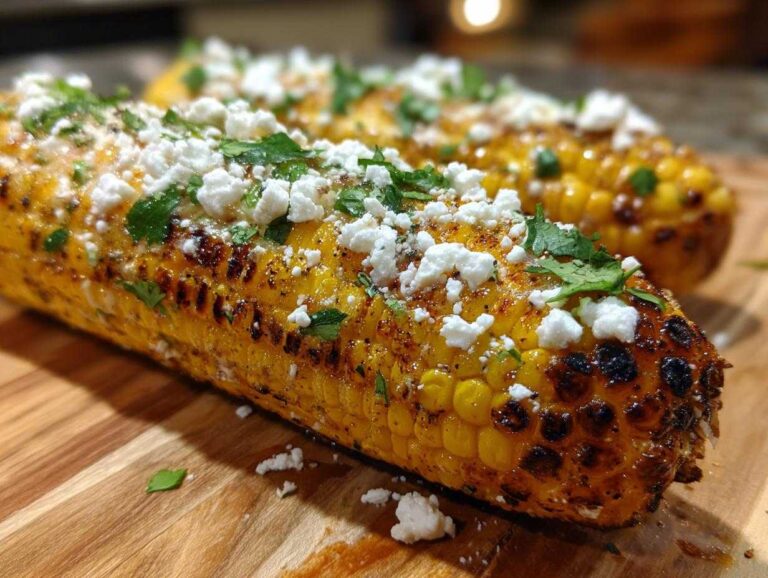 Close-up of grilled Mexican Street Corn coated in cotija cheese crumbles and fresh cilantro.