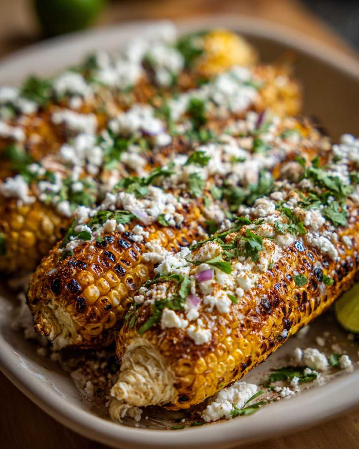 Close-up of several grilled ears of Mexican Street Corn topped generously with crumbled white cheese and fresh cilantro.