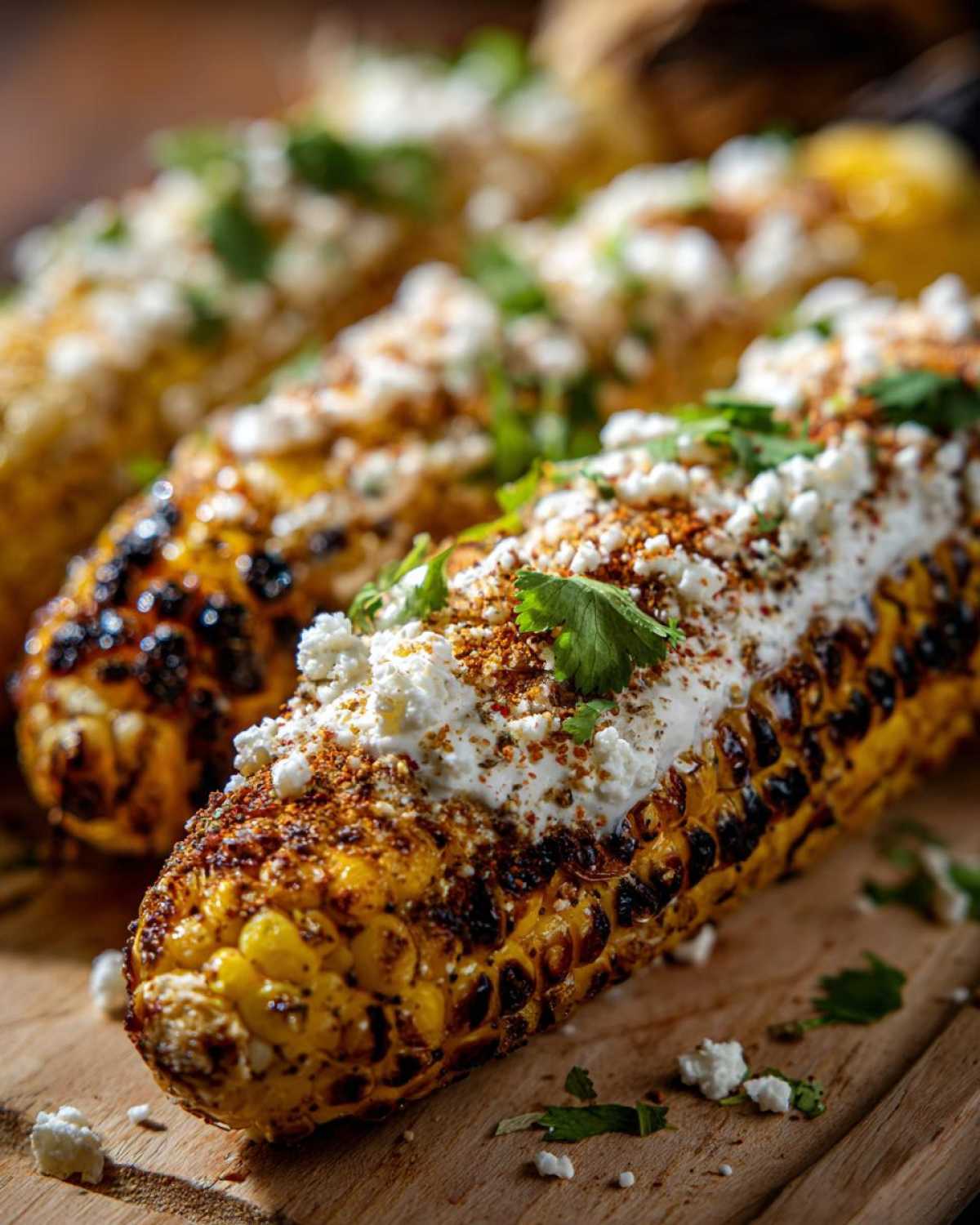 Close-up of grilled Mexican Street Corn slathered in cream, crumbled cheese, chili powder, and cilantro.