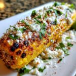 A close-up, appetizing shot of grilled Mexican Street Corn covered in crumbled white cheese and fresh cilantro.
