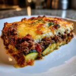 A close-up of a cheesy slice of Ground Beef and Zucchini Casserole on a white plate.