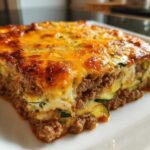 A close-up, featured shot of a thick slice of Ground Beef and Zucchini Casserole with a bubbly, browned cheese topping.