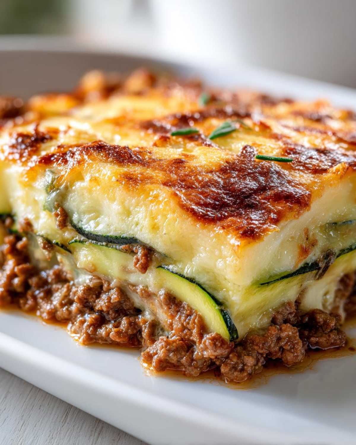Close-up of a layered slice of Ground Beef and Zucchini Casserole with a golden-brown cheesy top.