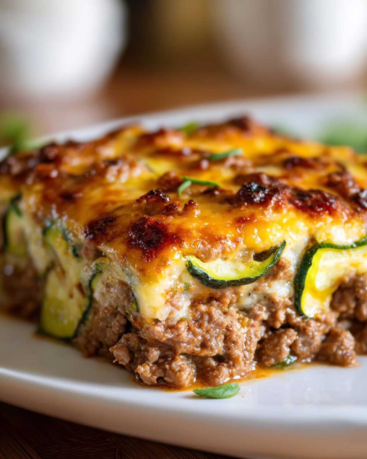Close-up of a serving of Ground Beef and Zucchini Casserole with a melted, browned cheese topping.