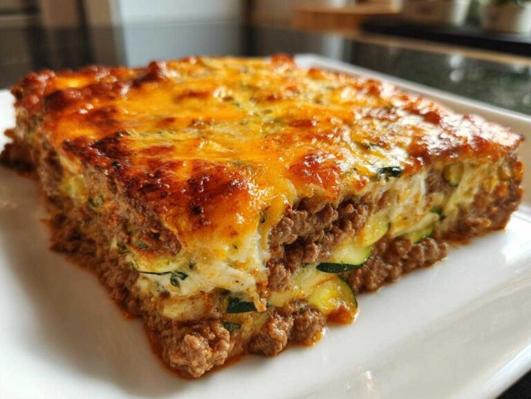 A close-up, featured shot of a thick slice of Ground Beef and Zucchini Casserole with a bubbly, browned cheese topping.