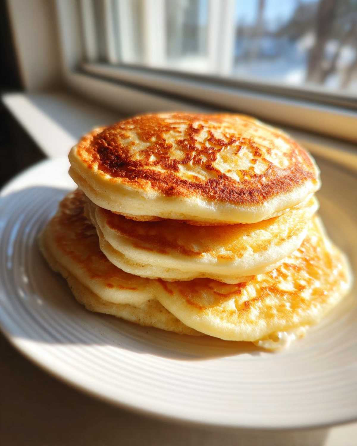 A close-up stack of four golden-brown Healthy 3-Ingredient Banana Pancakes on a white plate, backlit by sunlight from a window.