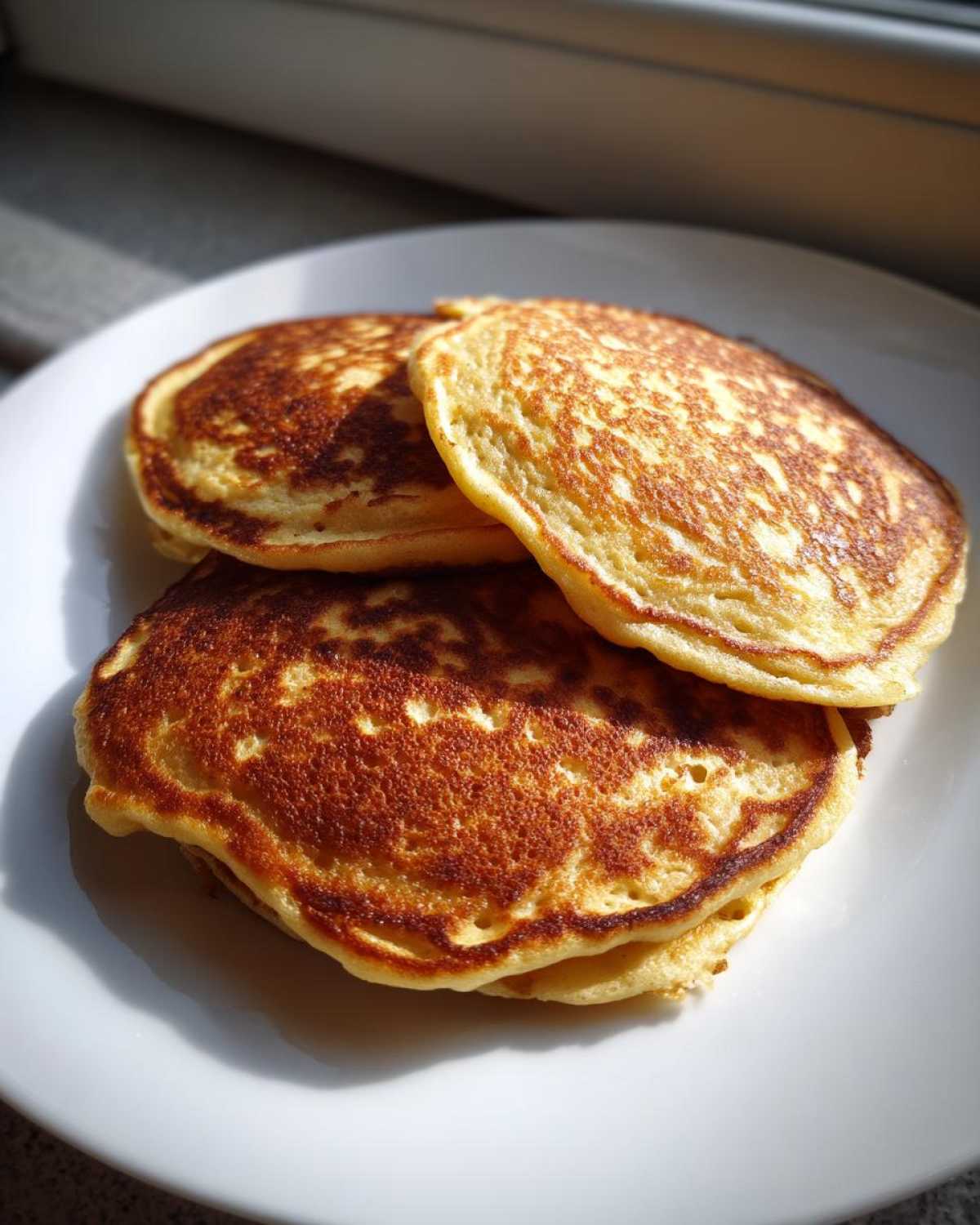A stack of three golden-brown Healthy 3-Ingredient Banana Pancakes resting on a white plate near a window.