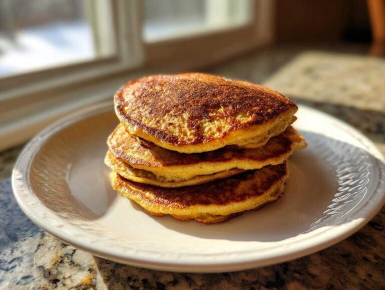 A stack of four golden-brown Healthy 3-Ingredient Banana Pancakes served on a white plate near a window.