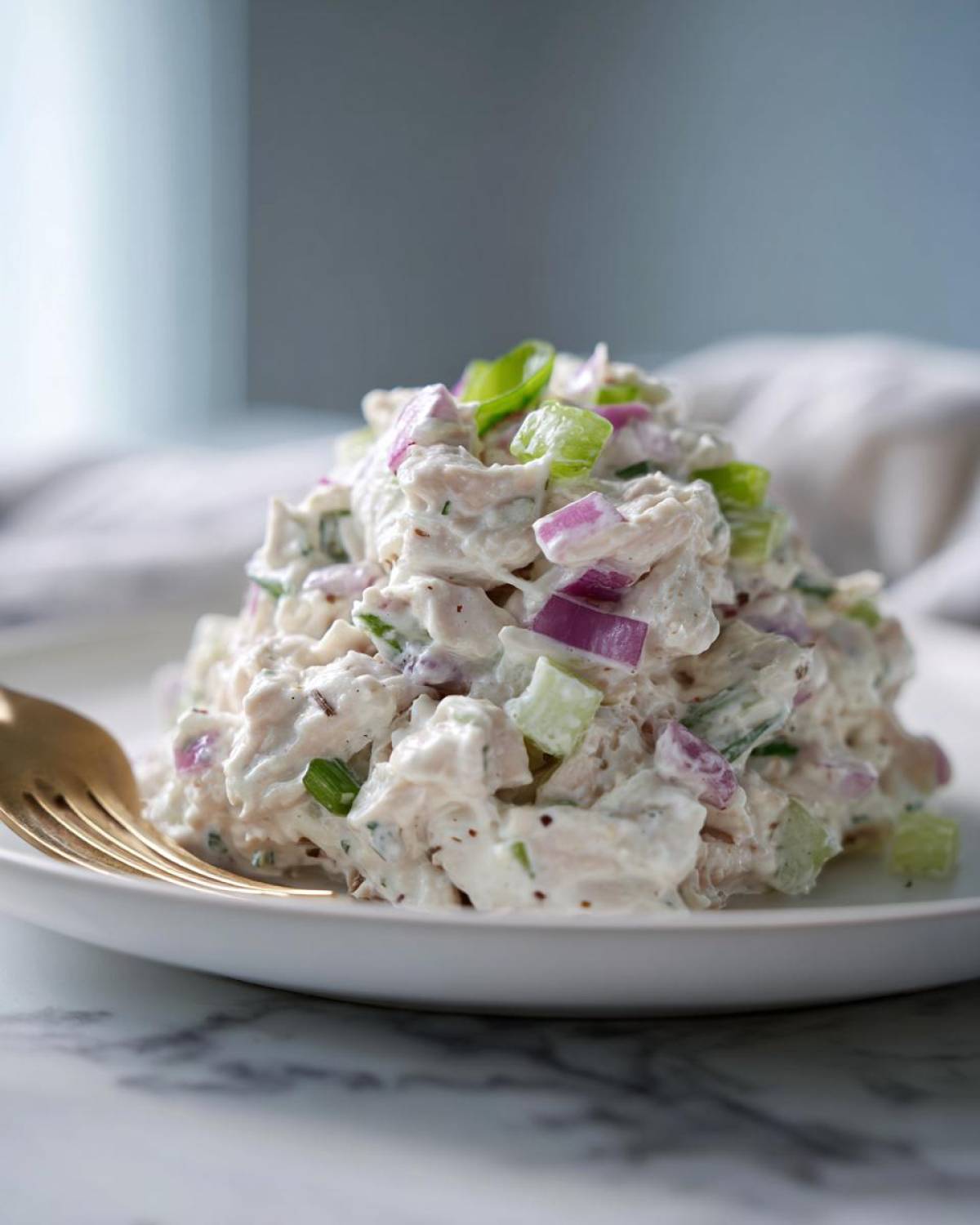 A close-up of a mound of Healthy Greek Yogurt Chicken Salad mixed with red onion and celery, served on a white plate.