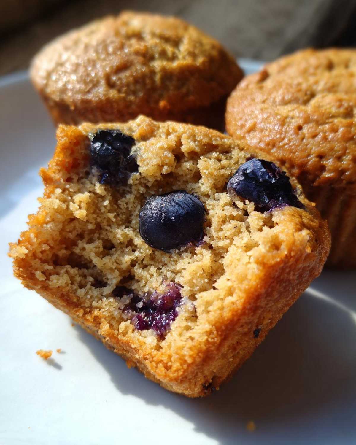 Close-up of a high protein cottage cheese muffin cut in half showing the moist texture and whole blueberries inside.