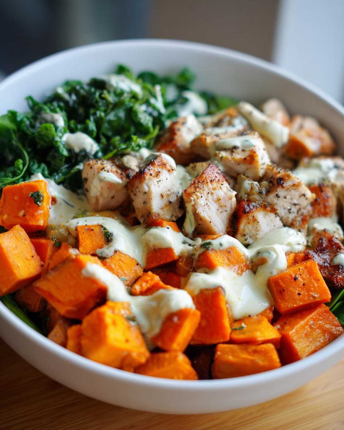 Close-up of a white bowl filled with High Protein Sweet Potato Chicken Bowls, featuring diced chicken, roasted sweet potatoes, greens, and a creamy sauce.