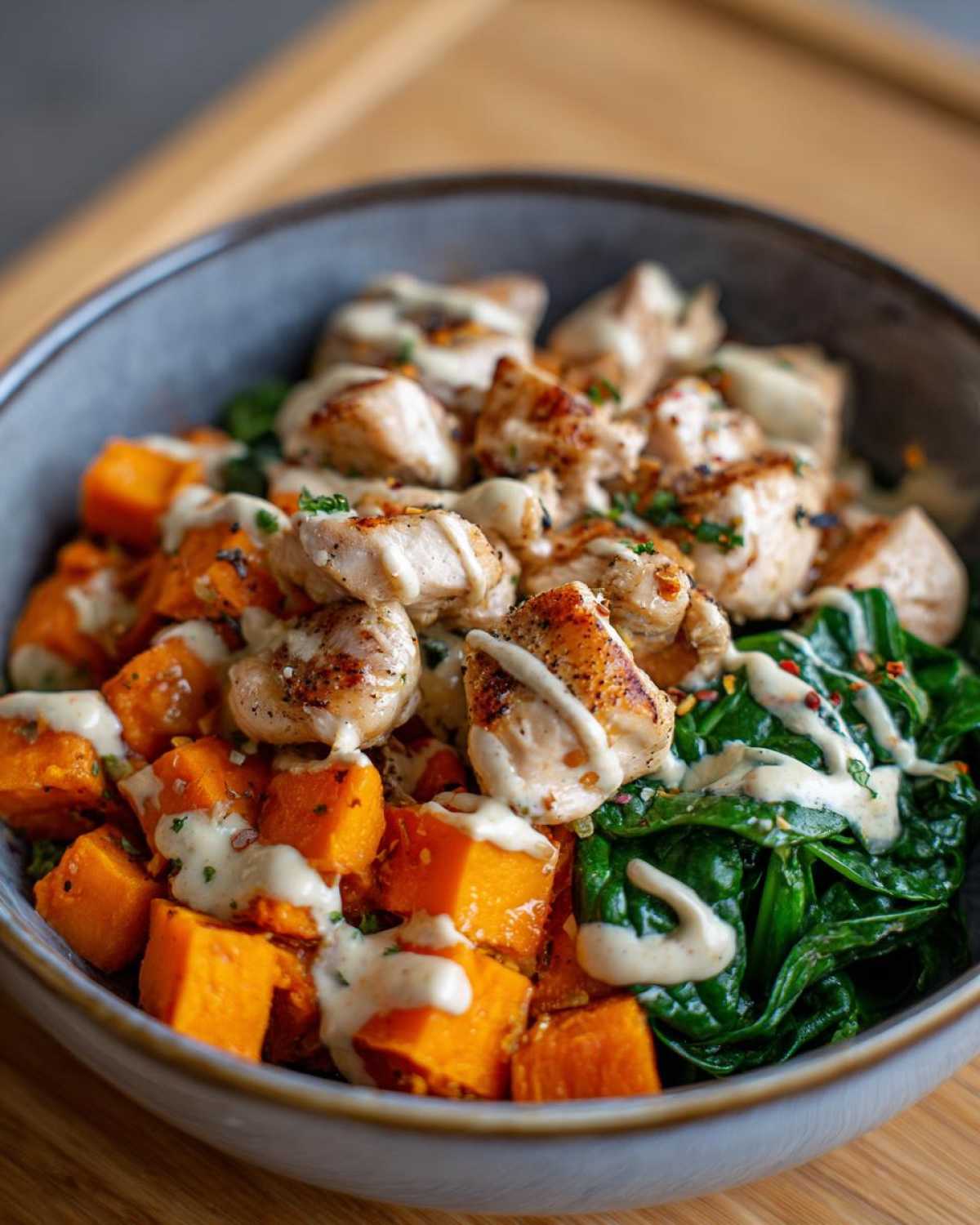 Close-up of a High Protein Sweet Potato Chicken Bowls featuring seasoned chicken, bright orange sweet potato cubes, and wilted spinach, drizzled with a creamy sauce.