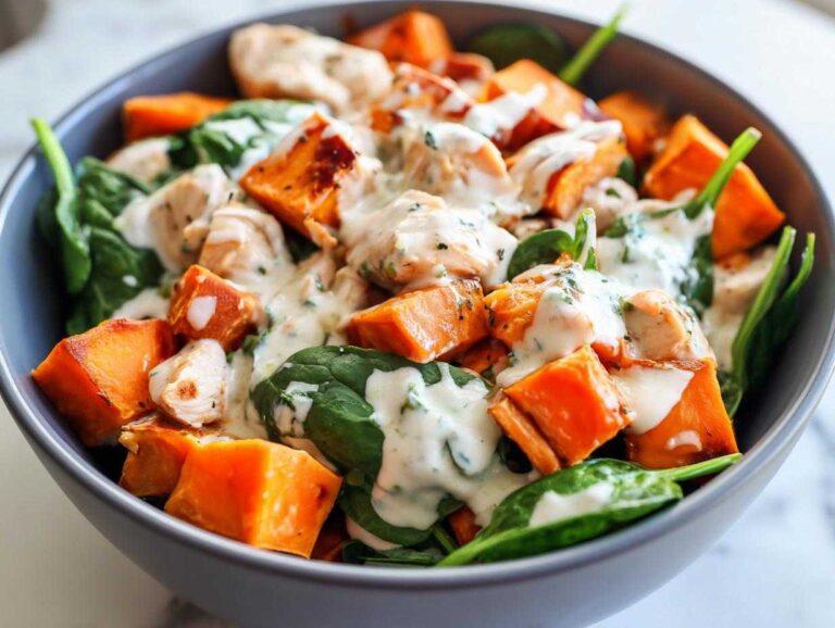 50g Protein High Protein Sweet Potato Chicken Bowls Close-up of a bowl featuring High Protein Sweet Potato Chicken Bowls with chunks of roasted sweet potato, chicken, spinach, and a creamy herb dressing.