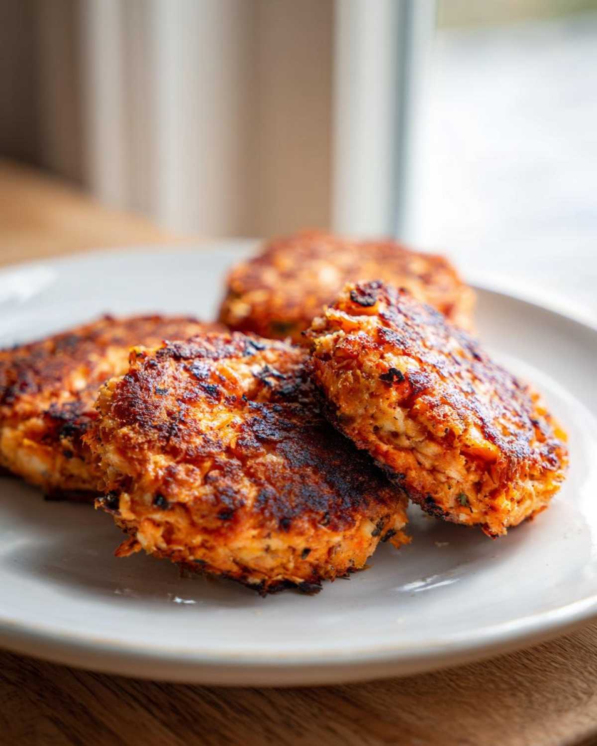 Close-up of four golden-brown, perfectly seared Homemade Salmon Patties stacked slightly on a light gray plate.
