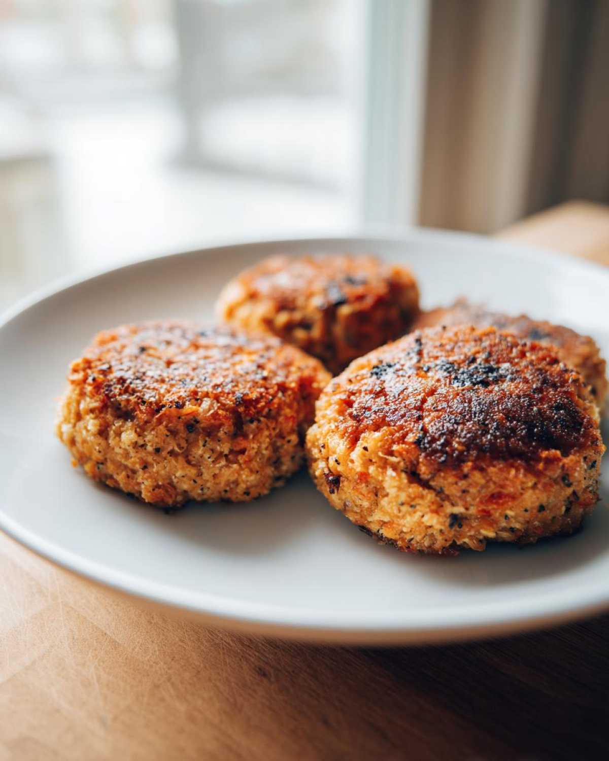 Close-up of four golden-brown, perfectly seared Homemade Salmon Patties resting on a white plate.