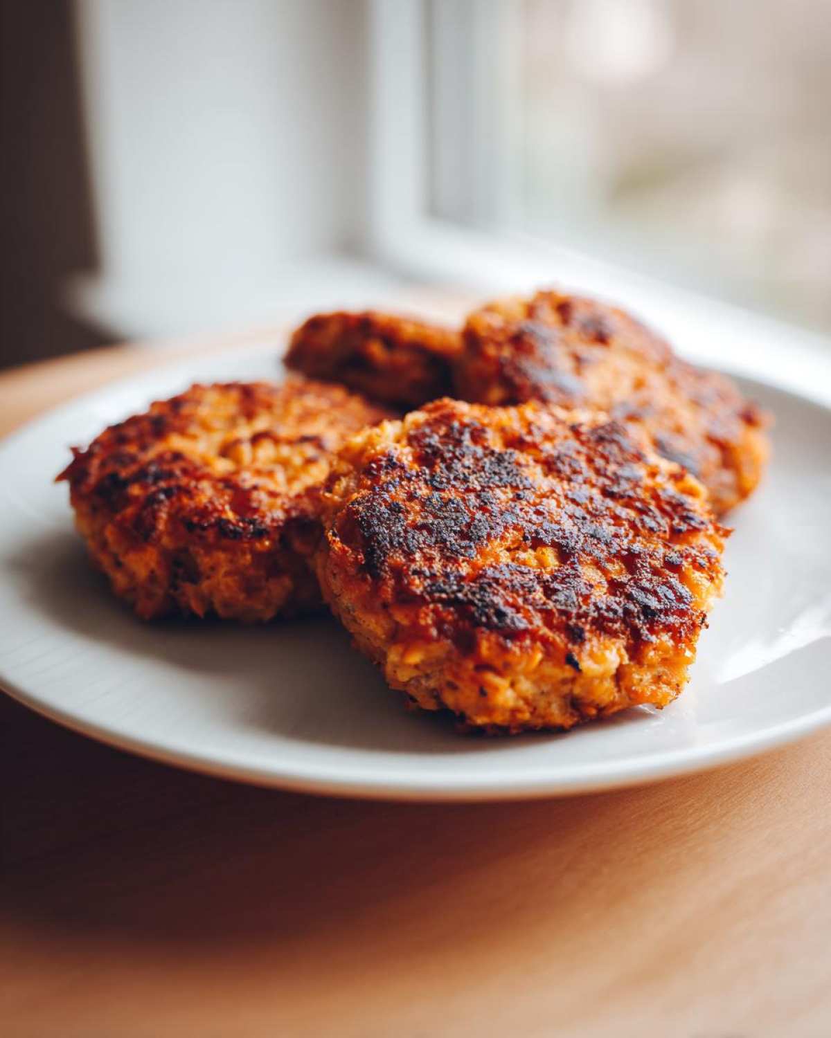 Four golden-brown, perfectly seared Homemade Salmon Patties resting on a white plate near a bright window.