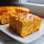 A close-up of a square slice of Honey Butter Sweet Potato Cornbread drizzled with a shiny glaze.