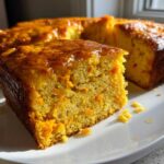 A close-up of a slice of moist Honey Butter Sweet Potato Cornbread, glistening with a honey glaze.