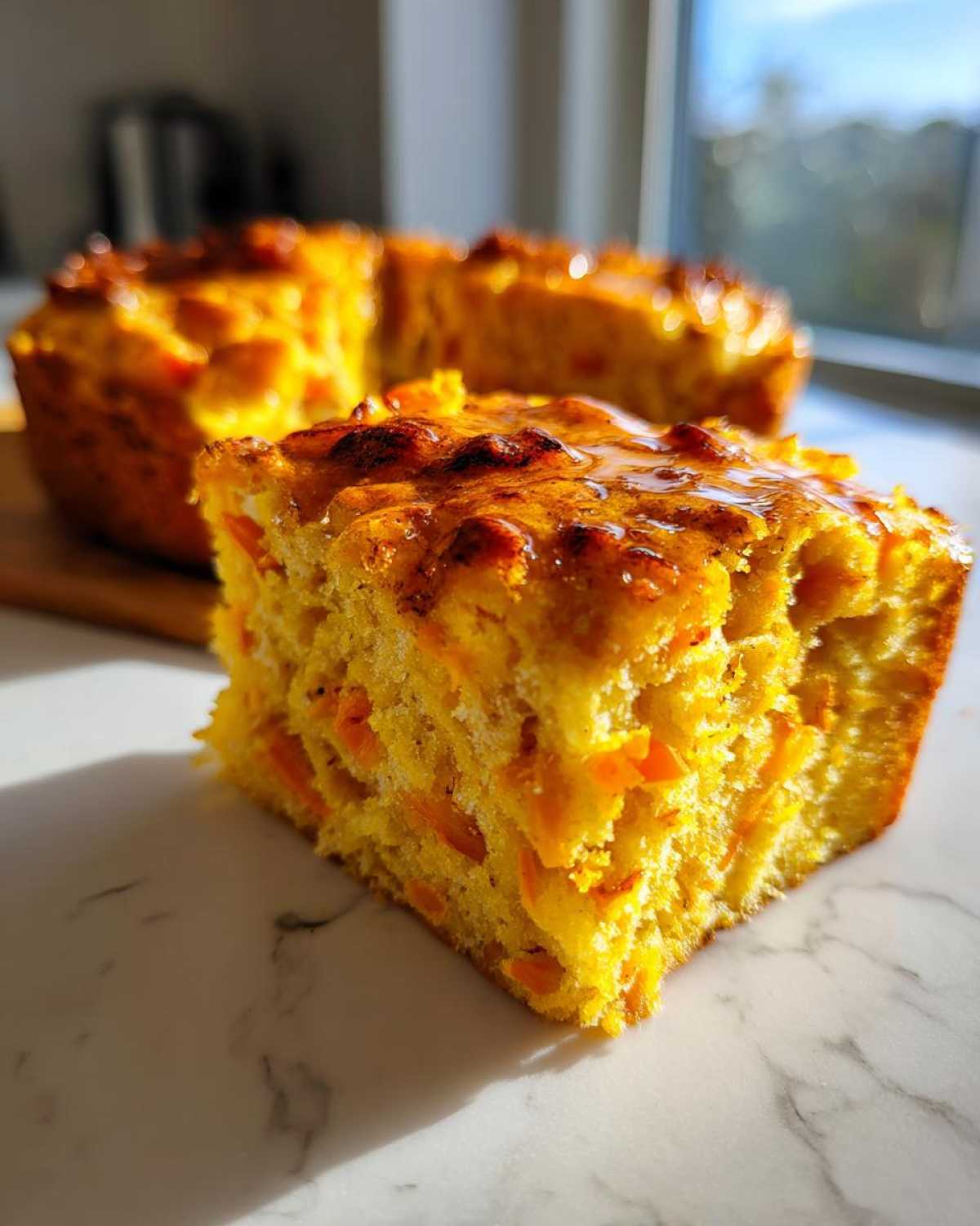 A close-up slice of bright yellow Honey Butter Sweet Potato Cornbread, topped with a shiny honey glaze.