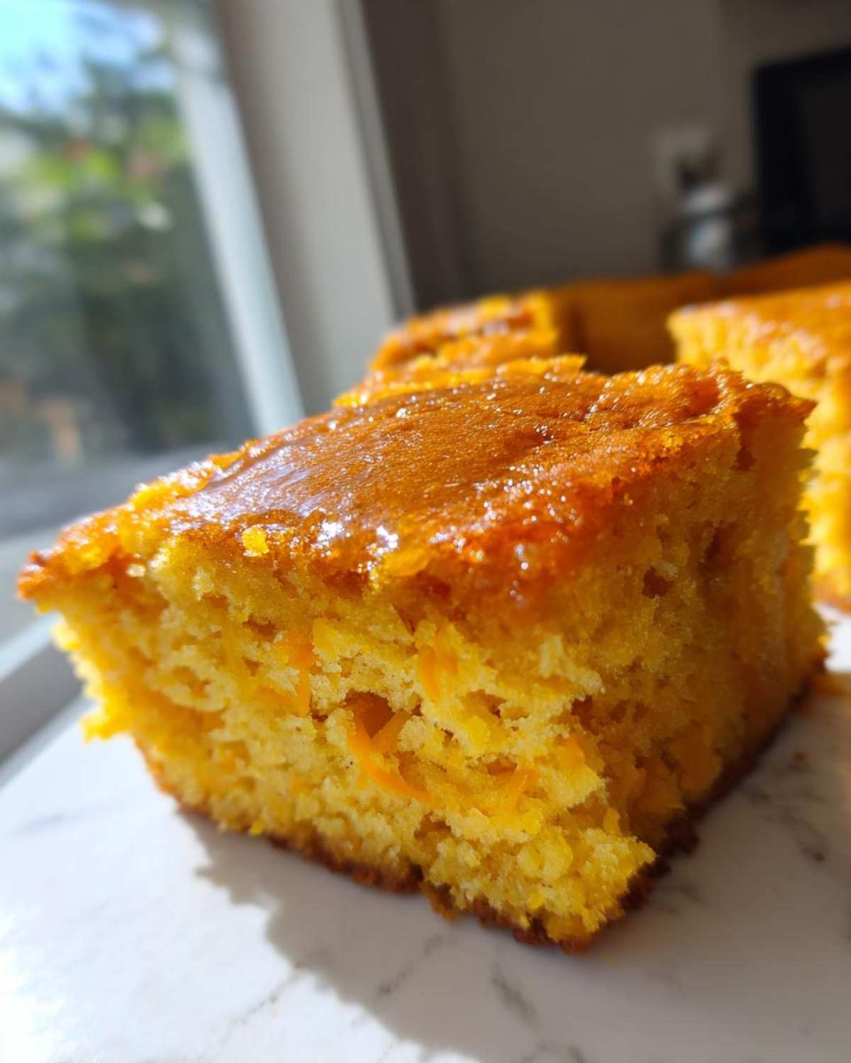 Close-up of a square slice of moist Honey Butter Sweet Potato Cornbread with a shiny glaze.