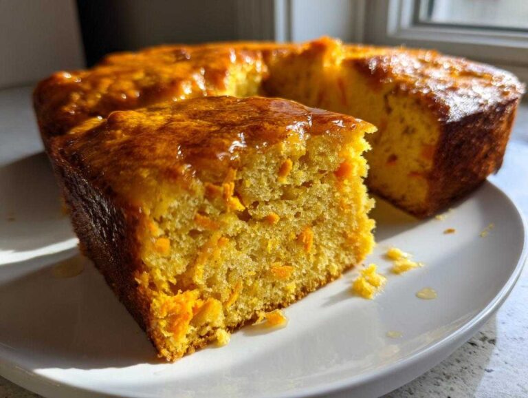 A close-up of a slice of moist Honey Butter Sweet Potato Cornbread, glistening with a honey glaze.