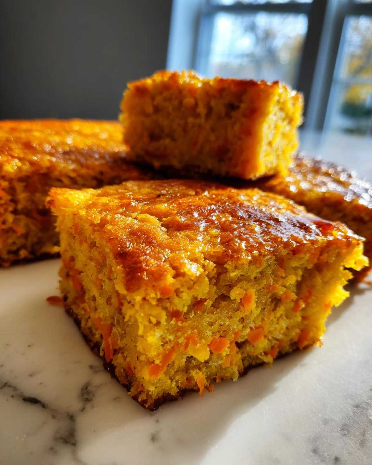 Close-up of moist, golden slices of Honey Butter Sweet Potato Cornbread with visible sweet potato shreds.