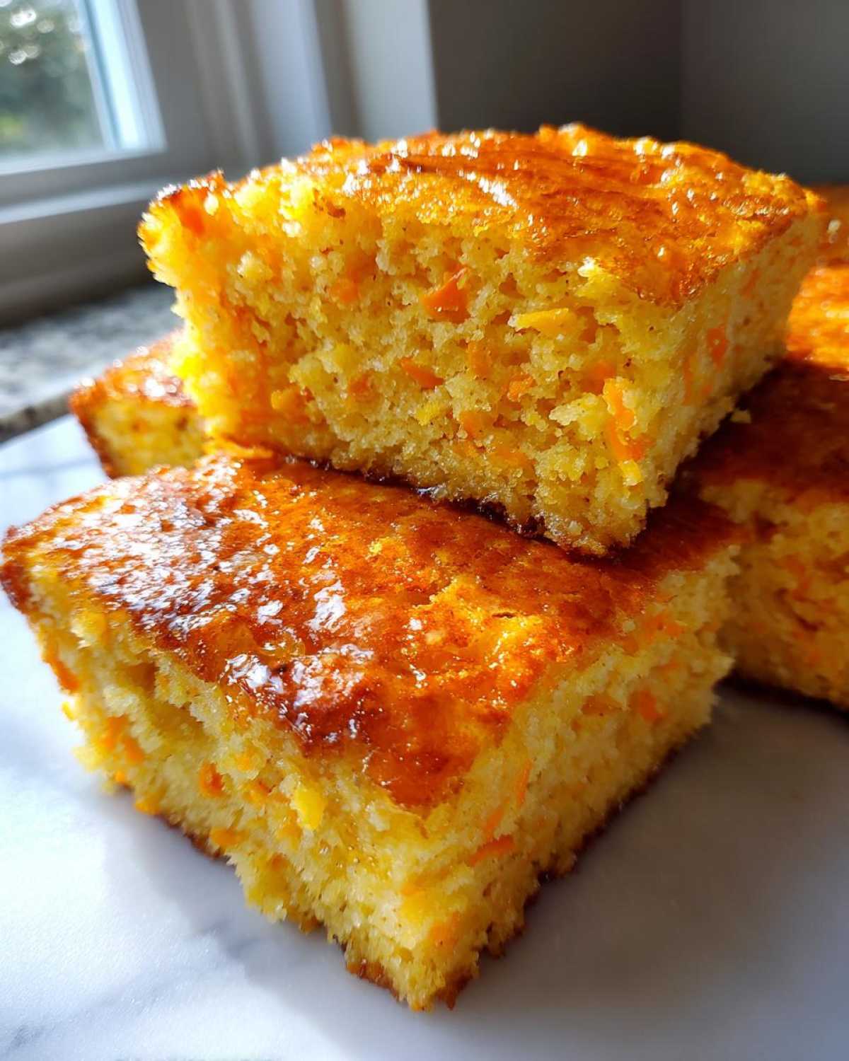 Close-up of stacked, moist squares of Honey Butter Sweet Potato Cornbread with a shiny glaze.