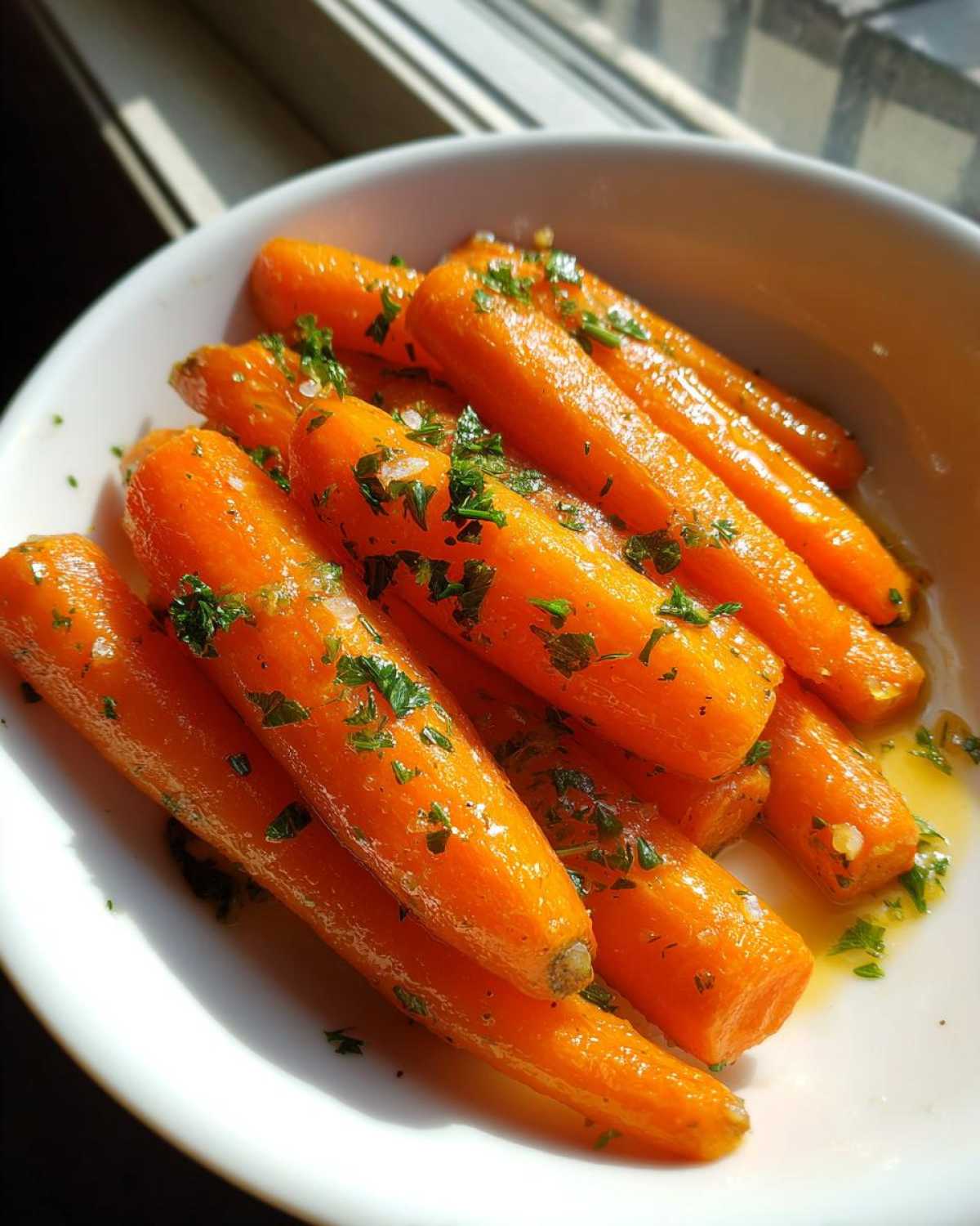 Close-up of glossy Honey Garlic Butter Roasted Carrots topped with fresh parsley in a white bowl.