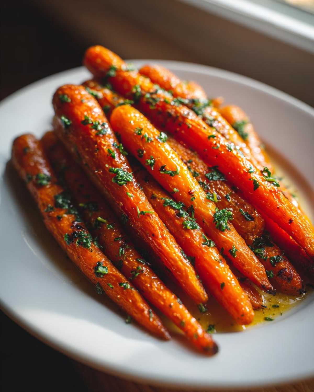 A close-up of glistening Honey Garlic Butter Roasted Carrots, garnished with fresh parsley, served on a white plate.