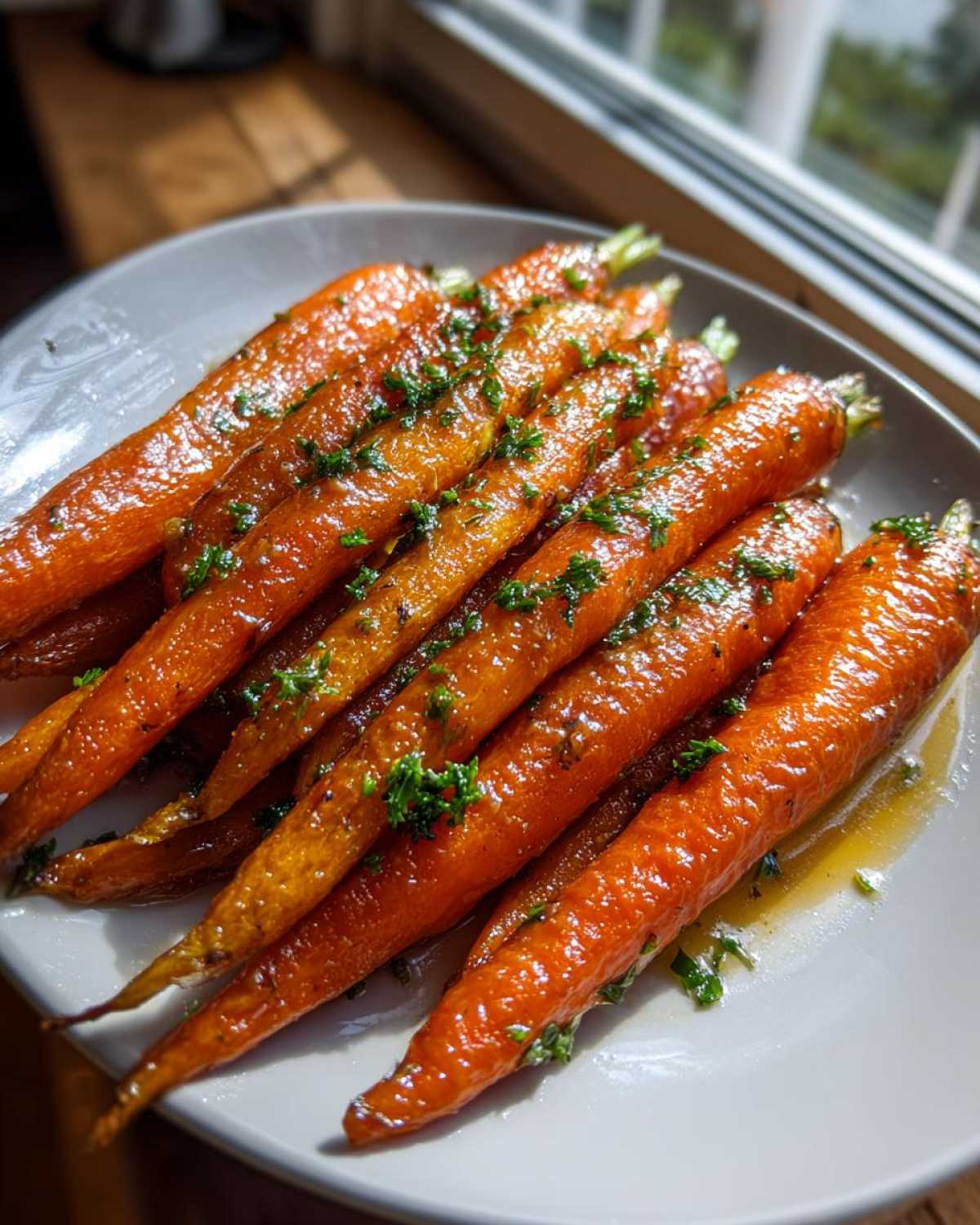 Close-up of glossy, roasted Honey Garlic Butter Roasted Carrots garnished with fresh parsley on a white plate.