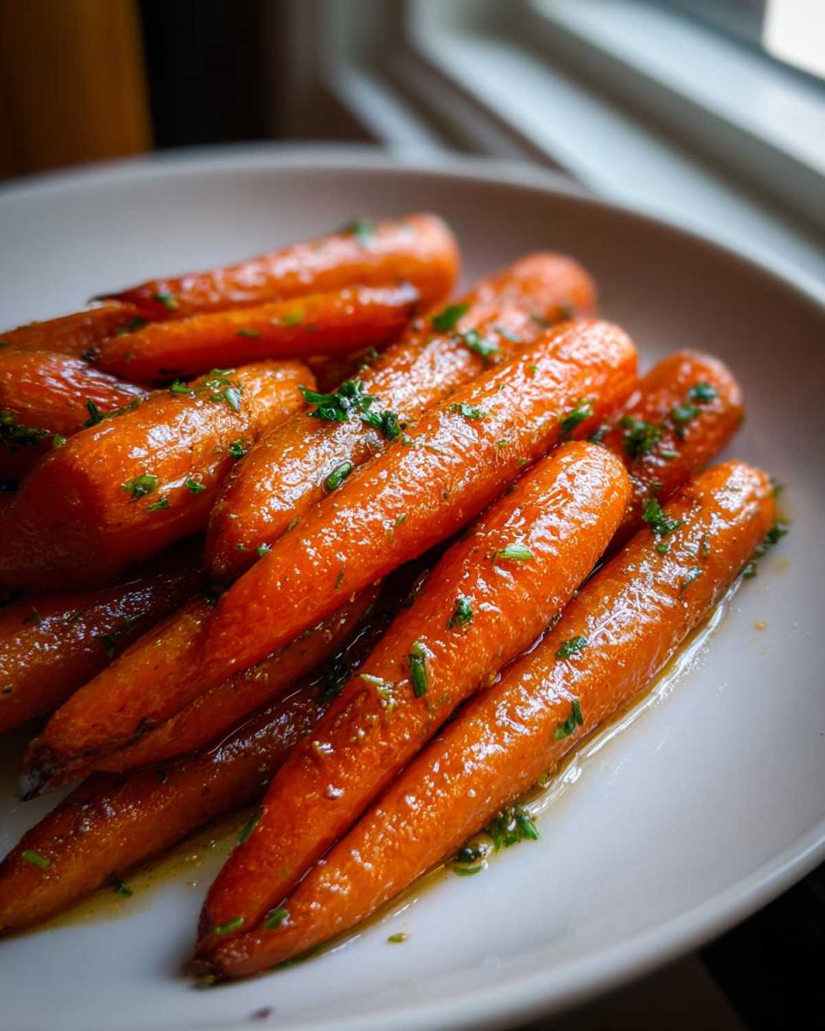 Close-up of glossy Honey Garlic Butter Roasted Carrots sprinkled with fresh herbs on a white plate.