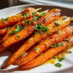 Close-up of glazed Honey Garlic Butter Roasted Carrots, glistening and topped with fresh parsley, served on a white plate.