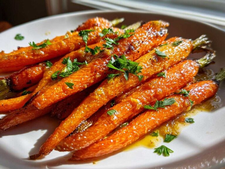 Amazing 10-Minute Honey Garlic Butter Roasted Carrots Close-up of glazed Honey Garlic Butter Roasted Carrots, glistening and topped with fresh parsley, served on a white plate.