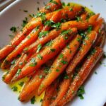 Close-up of glossy Honey Garlic Butter Roasted Carrots drizzled with butter and topped with fresh parsley.