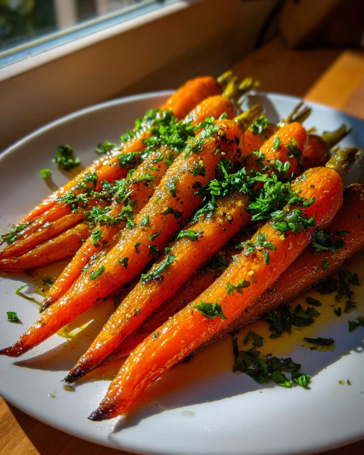 A close-up of glistening Honey Garlic Butter Roasted Carrots, garnished with fresh parsley, served on a white plate.