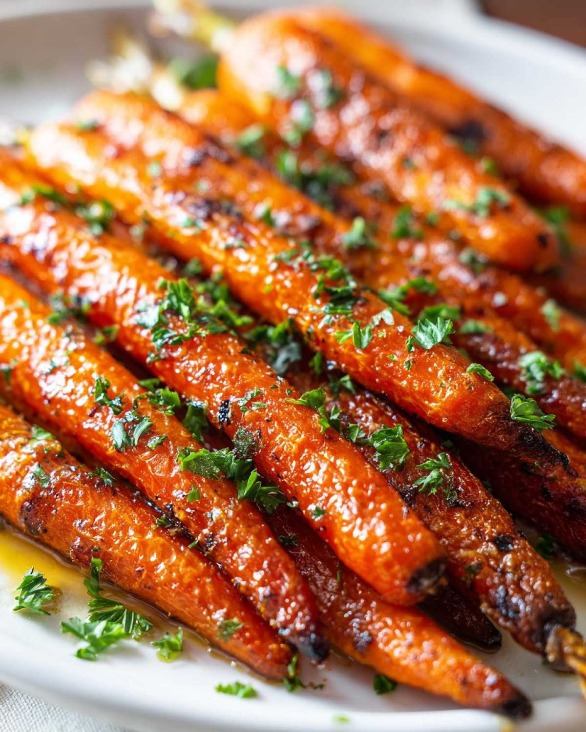Close-up of glossy, caramelized Honey Garlic Butter Roasted Carrots garnished with fresh parsley.