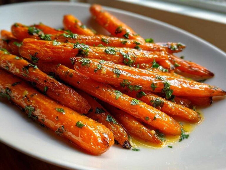 Close-up of glossy Honey Garlic Butter Roasted Carrots sprinkled with fresh parsley on a white serving dish.