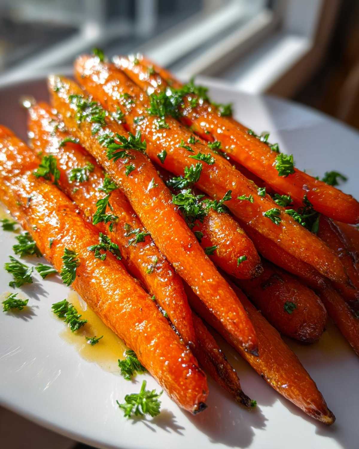 Close-up of glossy Honey Garlic Butter Roasted Carrots garnished with fresh parsley on a white serving dish.